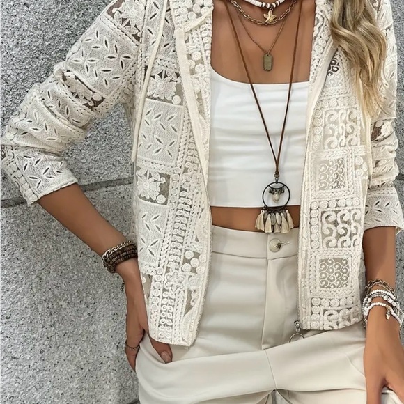 Elegant Cream Crochet Hoodie Jacket - Picture 3 of 8